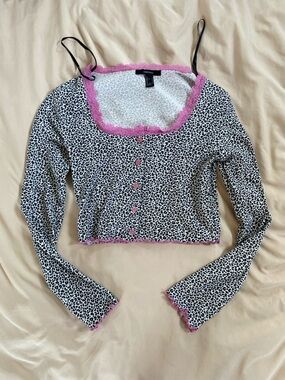 Forever 21 Black & White Leopard Crop Cardigan with Pink Trim